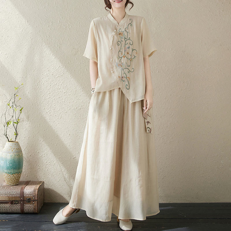 Buddha Stones 2-teiliges Set mit Blumenstickerei, kurzärmligem T-Shirt und Hose mit weitem Bein - image 6