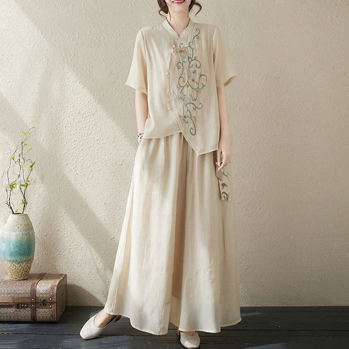 Buddha Stones 2-teiliges Set mit Blumenstickerei, kurzärmligem T-Shirt und Hose mit weitem Bein - image 6