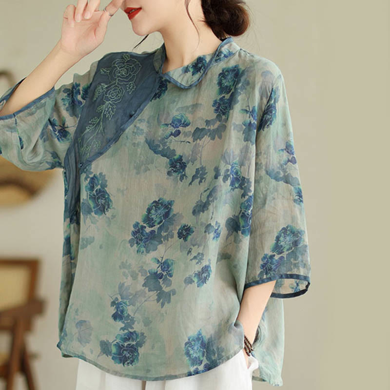 Buddha Stones PLUS SIZE Blaues Jacaranda-Blumenmuster Dreiviertelarm-Shirt - image 2