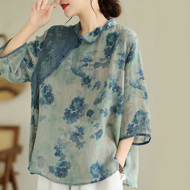 Buddha Stones PLUS SIZE Blaues Jacaranda-Blumenmuster Dreiviertelarm-Shirt - image 2