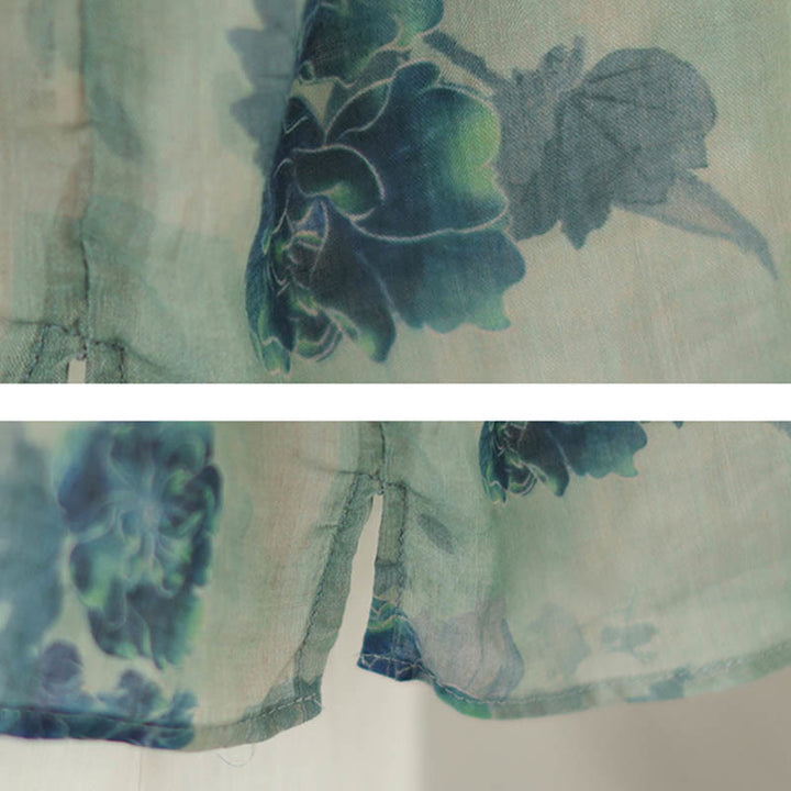 Buddha Stones Plus Size Blaues Jacaranda-Blumen-Design Dreiviertelärmeliges Ramie-Leinenhemd - image 12