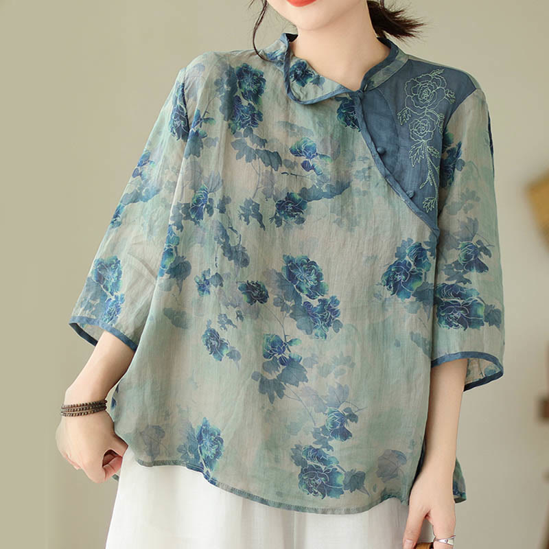 Buddha Stones PLUS SIZE Blaues Jacaranda-Blumenmuster Dreiviertelarm-Shirt - image 6