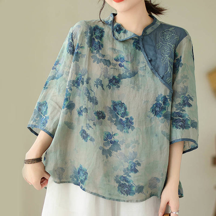 Buddha Stones PLUS SIZE Blaues Jacaranda-Blumenmuster Dreiviertelarm-Shirt - image 6