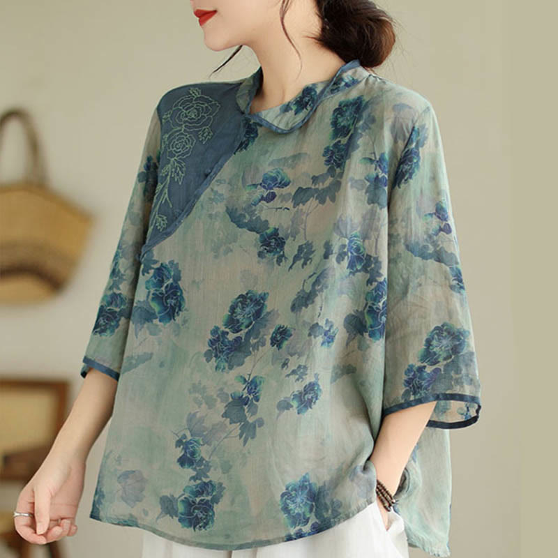 Buddha Stones PLUS SIZE Blaues Jacaranda-Blumenmuster Dreiviertelarm-Shirt - image 4