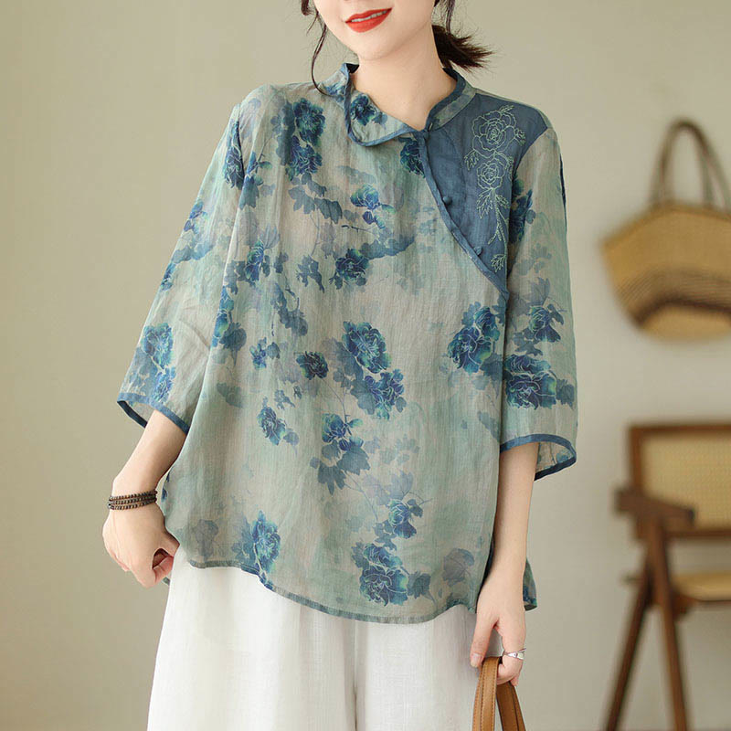 Buddha Stones PLUS SIZE Blaues Jacaranda-Blumenmuster Dreiviertelarm-Shirt - image 8