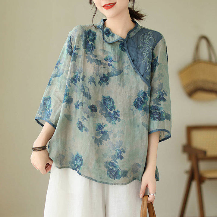 Buddha Stones PLUS SIZE Blaues Jacaranda-Blumenmuster Dreiviertelarm-Shirt - image 8