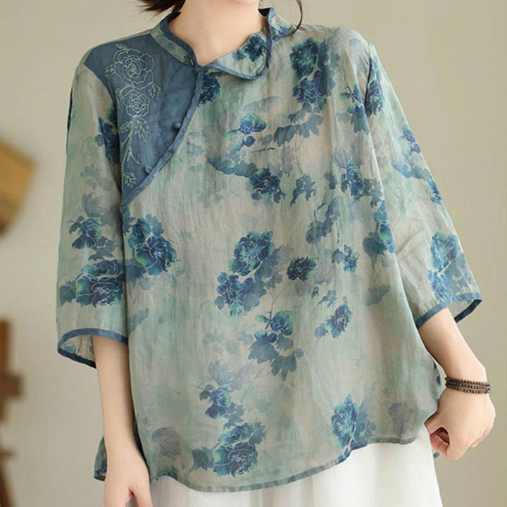 Buddha Stones Plus Size Blaues Jacaranda-Blumen-Design Dreiviertelärmeliges Ramie-Leinenhemd - US16， UK/AU20，EU48 (3XL) - image 1