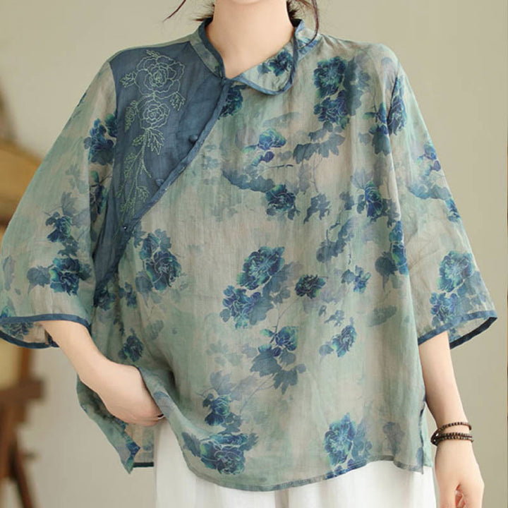Buddha Stones Plus Size Blaues Jacaranda-Blumen-Design Dreiviertelärmeliges Ramie-Leinenhemd - image 3