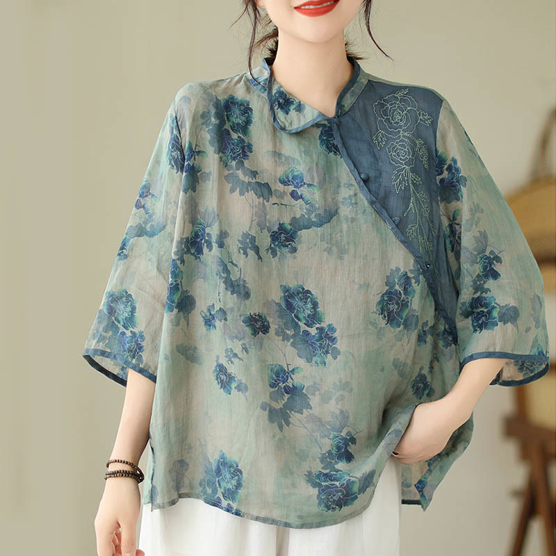 Buddha Stones PLUS SIZE Blaues Jacaranda-Blumenmuster Dreiviertelarm-Shirt - image 1