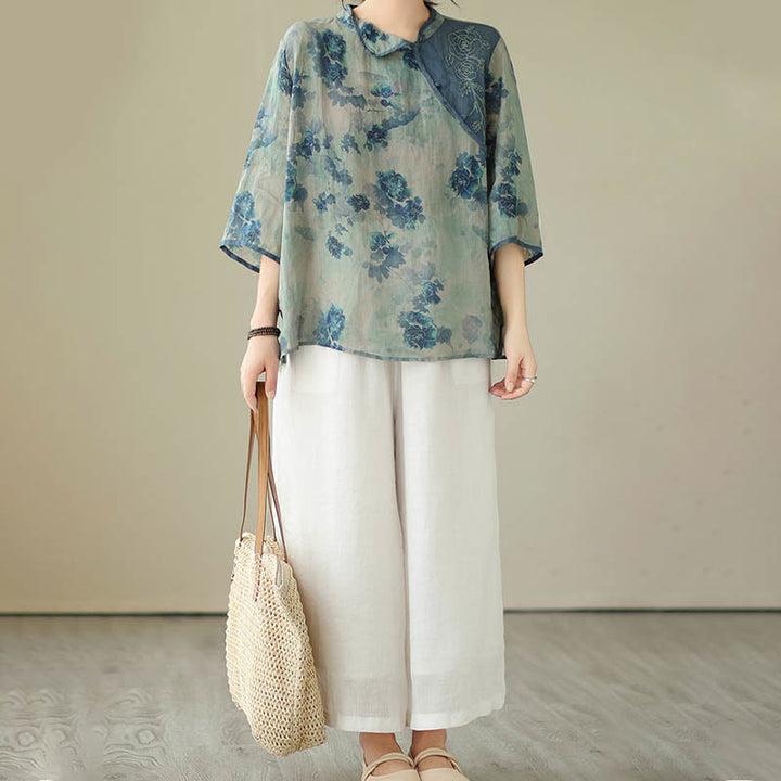 Buddha Stones Plus Size Blaues Jacaranda-Blumen-Design Dreiviertelärmeliges Ramie-Leinenhemd - image 14