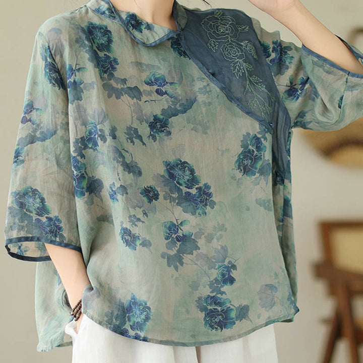 Buddha Stones PLUS SIZE Blaues Jacaranda-Blumenmuster Dreiviertelarm-Shirt - image 7