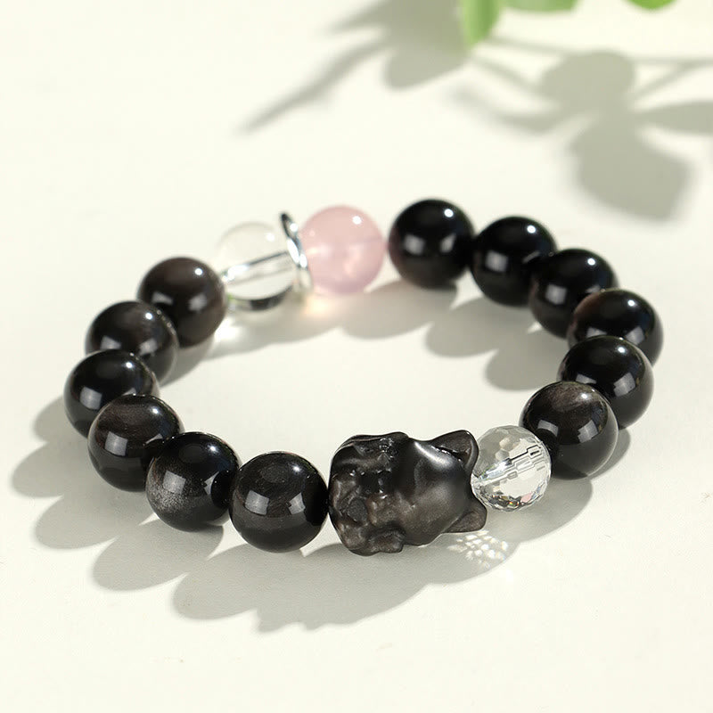 Armband mit Buddha-Steinen aus natürlichem, silberfarbenem Obsidian, Katzenkopf, Fuchs, Planetenschutz - Silberglänzender Obsidianfuchs (Handgelenkumfang 14–16,5 cm) - image 6