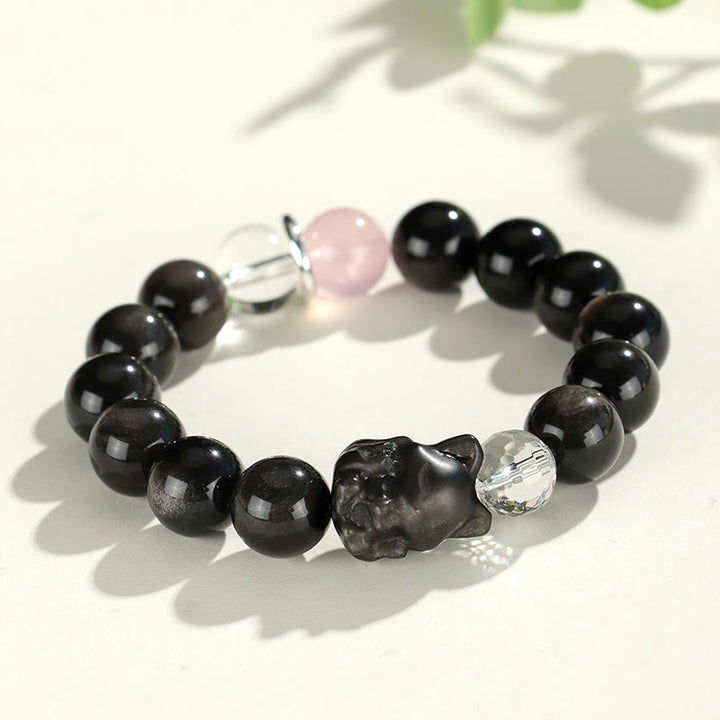 Armband mit Buddha-Steinen aus natürlichem, silberfarbenem Obsidian, Katzenkopf, Fuchs, Planetenschutz - Silberglänzender Obsidianfuchs (Handgelenkumfang 14–16,5 cm) - image 6