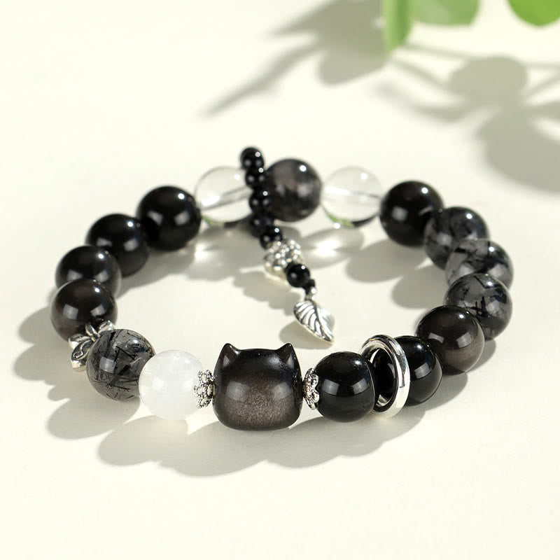 Armband mit Buddha-Steinen aus natürlichem, silberfarbenem Obsidian, Katzenkopf, Fuchs, Planetenschutz - Katzenkopf aus silberglänzendem Obsidian (Handgelenkumfang 14–16,5 cm) - image 2
