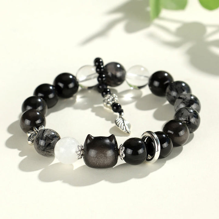 Armband mit Buddha-Steinen aus natürlichem, silberfarbenem Obsidian, Katzenkopf, Fuchs, Planetenschutz - Katzenkopf aus silberglänzendem Obsidian (Handgelenkumfang 14–16,5 cm) - image 2