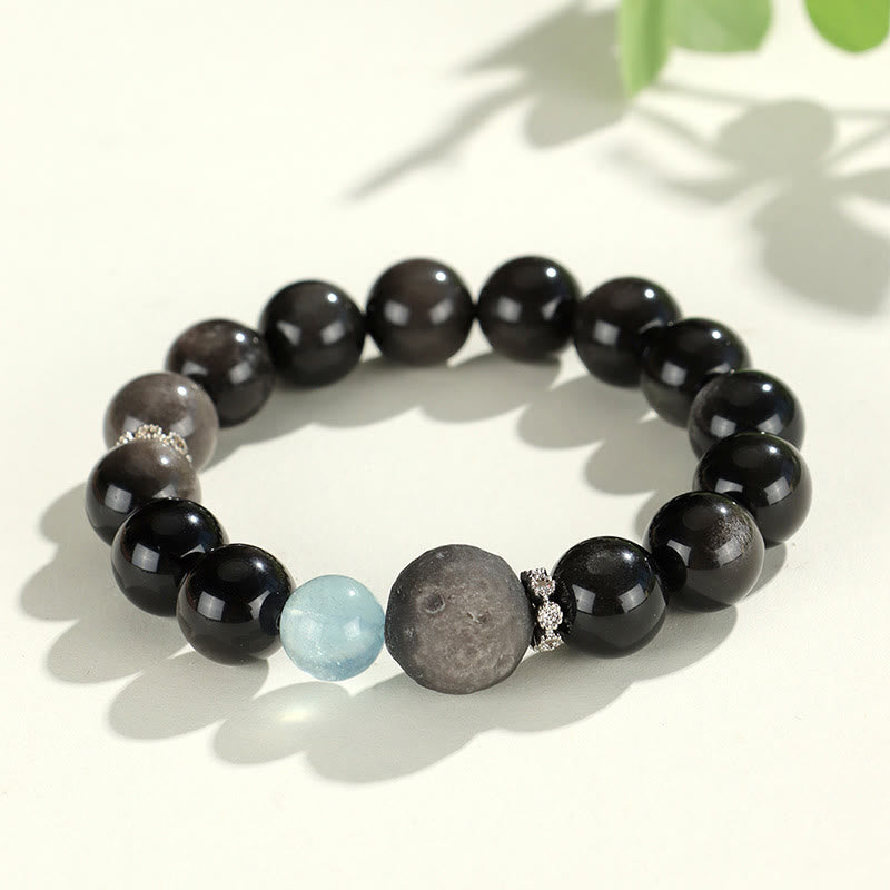 Armband mit Buddha-Steinen aus natürlichem, silberfarbenem Obsidian, Katzenkopf, Fuchs, Planetenschutz - Silberglänzender Obsidian-Planet (Handgelenkumfang 14–16,5 cm) - image 8