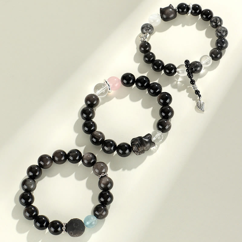 Armband mit Buddha-Steinen aus natürlichem, silberfarbenem Obsidian, Katzenkopf, Fuchs, Planetenschutz - image 12