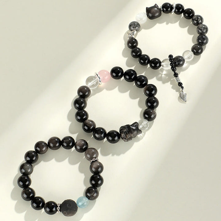 Armband mit Buddha-Steinen aus natürlichem, silberfarbenem Obsidian, Katzenkopf, Fuchs, Planetenschutz - image 12