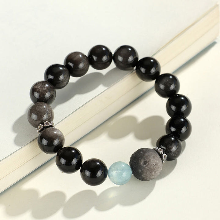 Armband mit Buddha-Steinen aus natürlichem, silberfarbenem Obsidian, Katzenkopf, Fuchs, Planetenschutz