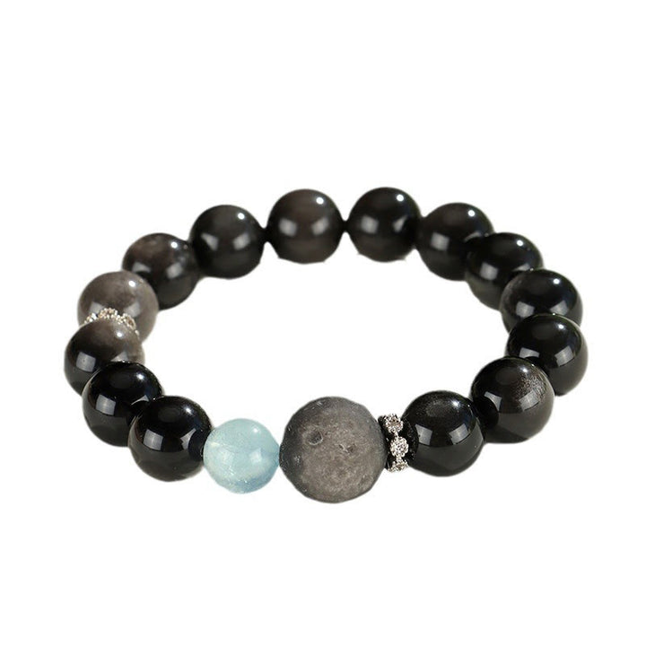 Armband mit Buddha-Steinen aus natürlichem, silberfarbenem Obsidian, Katzenkopf, Fuchs, Planetenschutz