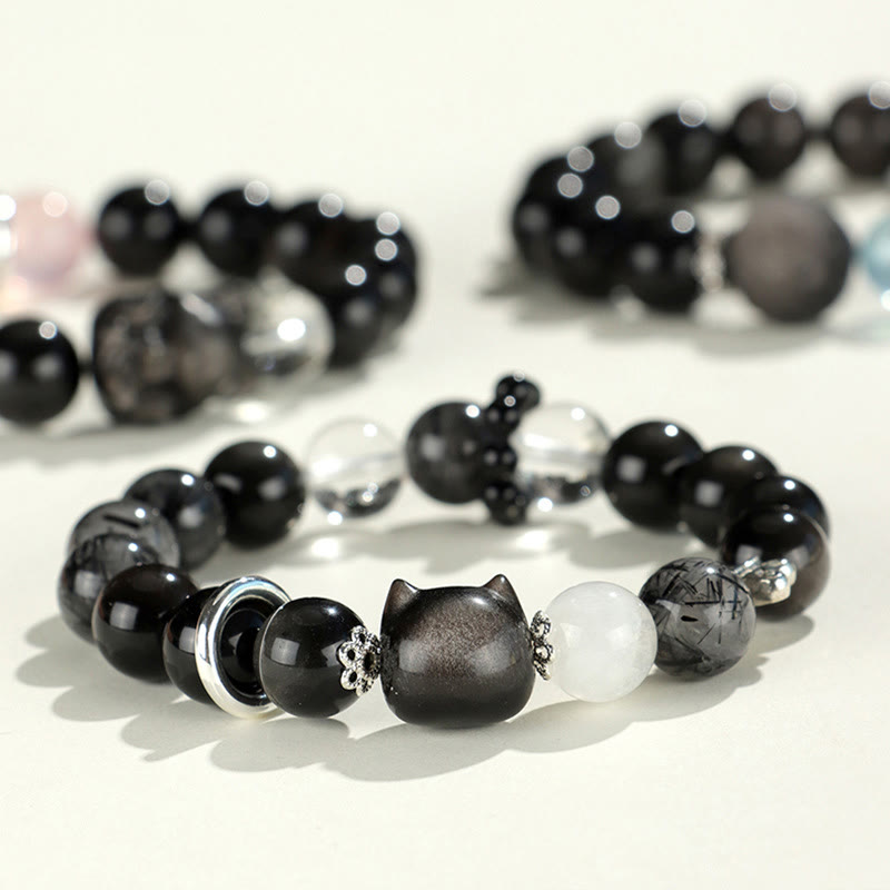 Armband mit Buddha-Steinen aus natürlichem, silberfarbenem Obsidian, Katzenkopf, Fuchs, Planetenschutz - image 1