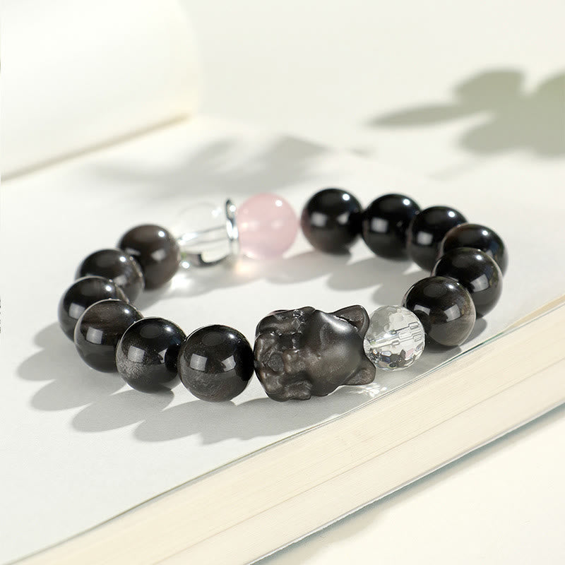 Armband mit Buddha-Steinen aus natürlichem, silberfarbenem Obsidian, Katzenkopf, Fuchs, Planetenschutz - image 7