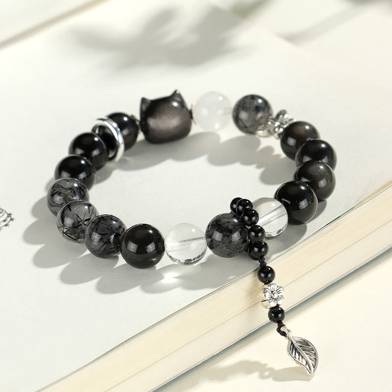 Armband mit Buddha-Steinen aus natürlichem, silberfarbenem Obsidian, Katzenkopf, Fuchs, Planetenschutz