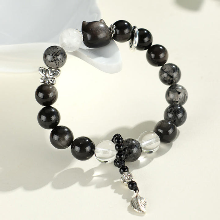 Armband mit Buddha-Steinen aus natürlichem, silberfarbenem Obsidian, Katzenkopf, Fuchs, Planetenschutz