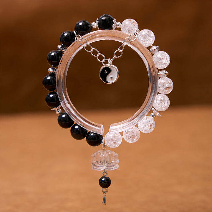 Buddha-Steine, Silberglanz, Obsidian, Crackle, Bergkristall, schwarzer Rutilquarz, Yin-Yang-Lotus-Schutzarmband