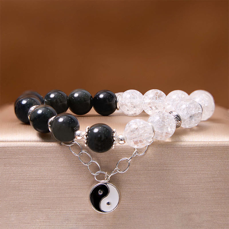 Buddha-Steine, Silberglanz, Obsidian, Crackle, Bergkristall, schwarzer Rutilquarz, Yin-Yang-Lotus-Schutzarmband