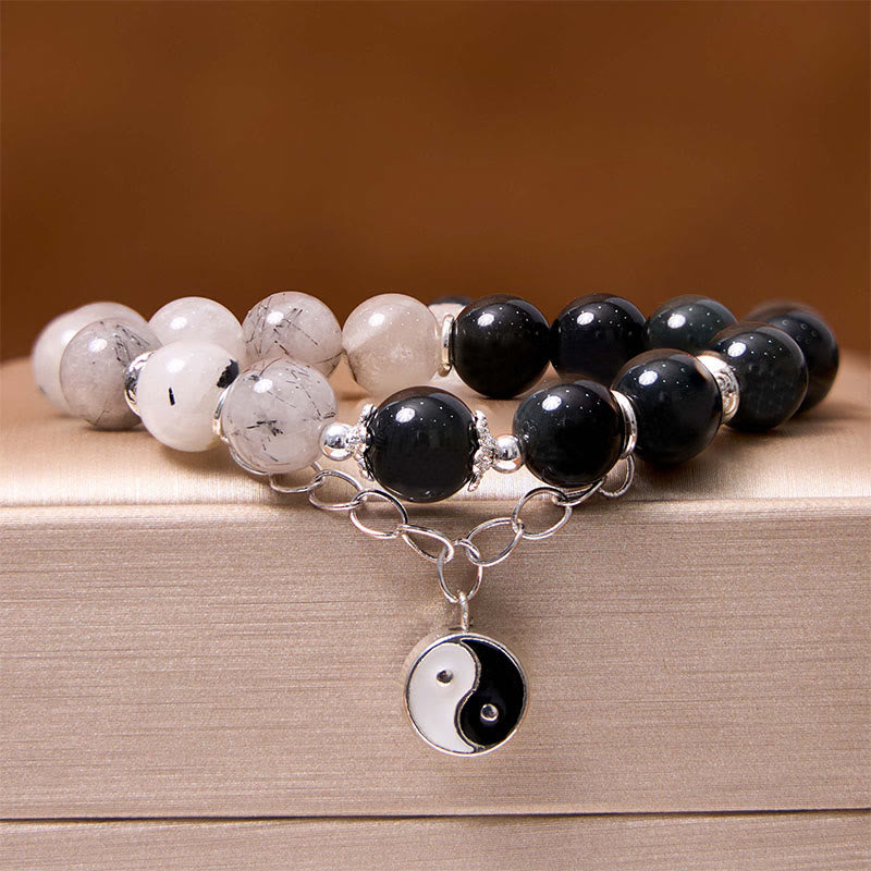 Buddha-Steine, Silberglanz, Obsidian, Crackle, Bergkristall, schwarzer Rutilquarz, Yin-Yang-Lotus-Schutzarmband