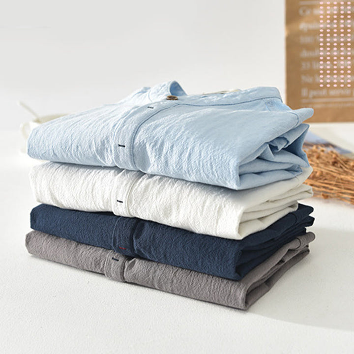 Buddha Stones Einfarbig Kurzarm Halbknopf Hemd Baumwolle Leinen Herren Kleidung - image 1