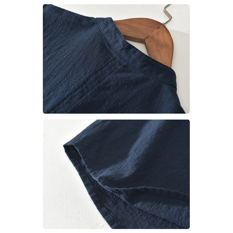 Buddha Stones Einfarbig Kurzarm Halbknopf Hemd Baumwolle Leinen Herren Kleidung - image 5