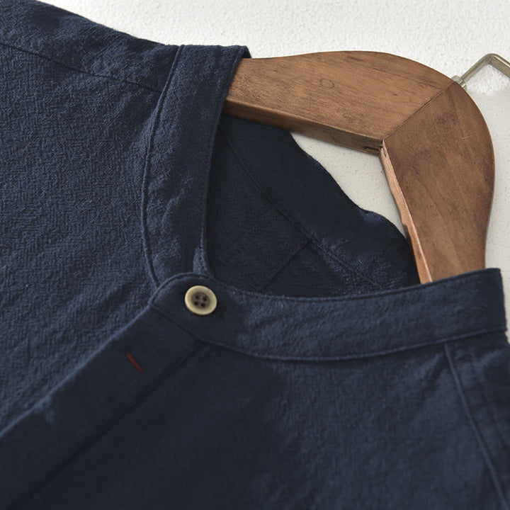 Buddha Stones Einfarbig Kurzarm Halbknopf Hemd Baumwolle Leinen Herren Kleidung - image 3