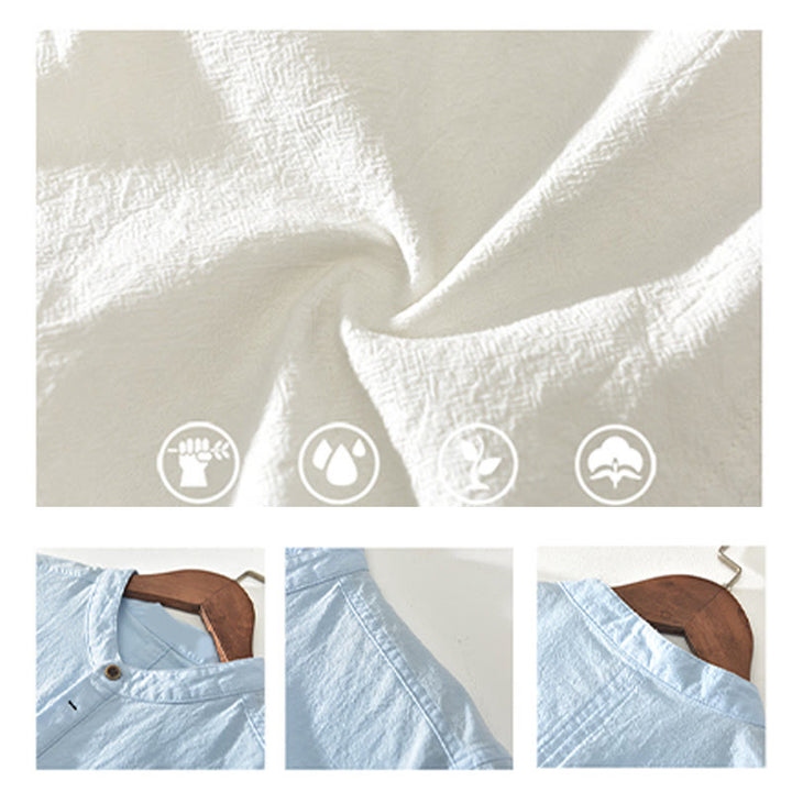 Buddha Stones Einfarbig Kurzarm Halbknopf Hemd Baumwolle Leinen Herren Kleidung - image 14