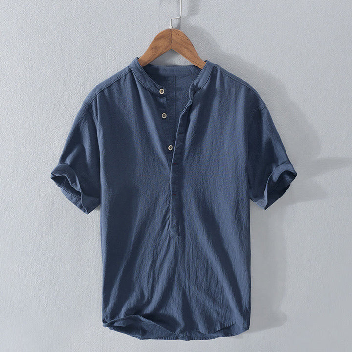 Buddha Stones, einfarbiges Kurzarmhemd mit halber Knopfleiste, Baumwolle, Herrenbekleidung - SteelBlue - US/ UK/AU40, EU50 (3XL) - image 0