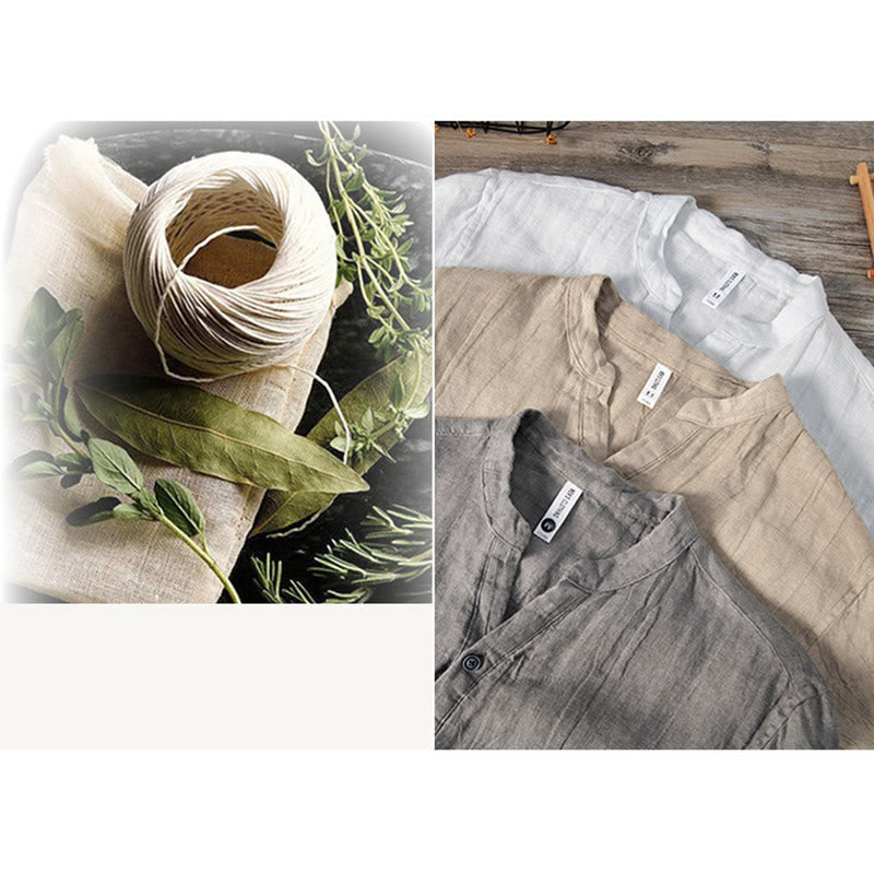 Buddha Stones Einfarbig Kurzarm Halbknopf Hemd Baumwollleinen Herren Kleidung - image 20