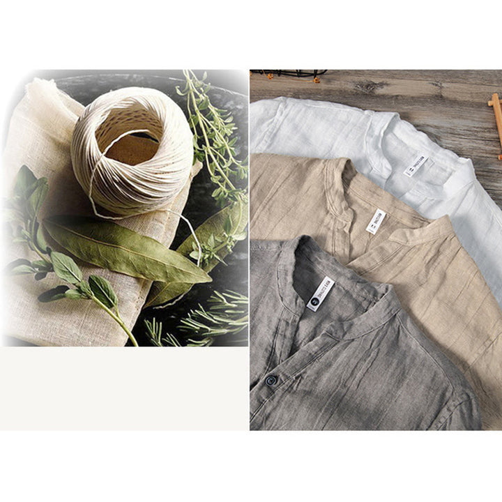 Buddha Stones Einfarbig Kurzarm Halbknopf Hemd Baumwollleinen Herren Kleidung - image 20