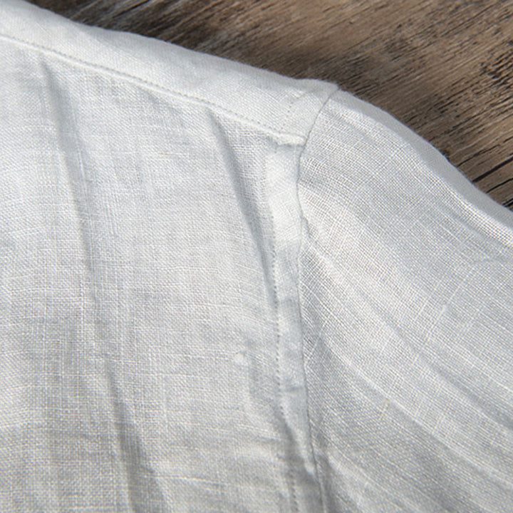 Buddha Stones Einfarbig Kurzarm Halbknopf Hemd Baumwollleinen Herren Kleidung - image 14