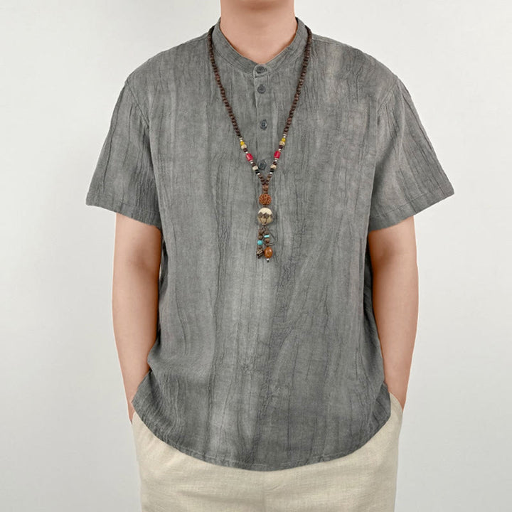 Buddha Stones Einfarbig Kurzarm Button Shirt Leinen Herren Kleidung