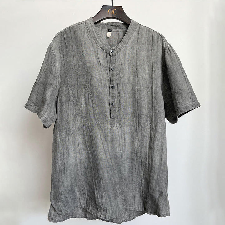 Buddha Stones Einfarbig Kurzarm Button Shirt Leinen Herren Kleidung