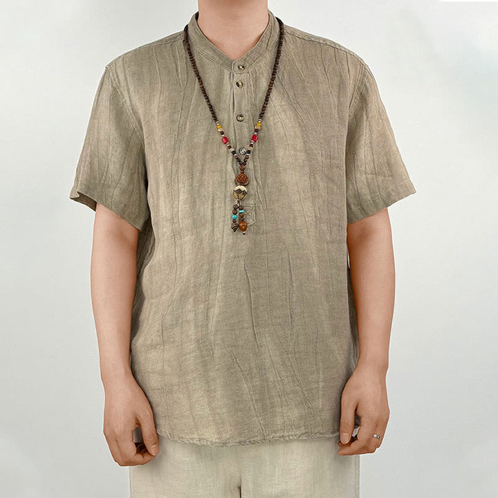 Buddha Stones Einfarbig Kurzarm Button Shirt Leinen Herren Kleidung