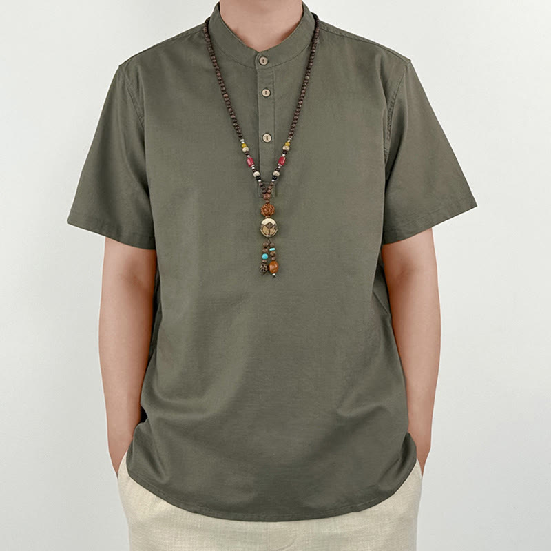 Buddha Stones Einfarbiges Herren Kurzarmhemd aus Leinen mit Knopfleiste - Dunkelkhaki - US/UK/AU44, EU54 (4XL) - image 0