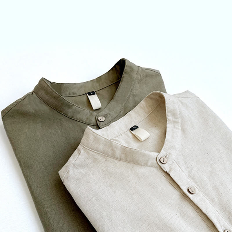 Buddha Stones Einfarbiges Herren Kurzarmhemd aus Leinen mit Knopfleiste - image 1