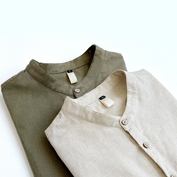 Buddha Stones Einfarbiges Herren Kurzarmhemd aus Leinen mit Knopfleiste - image 1