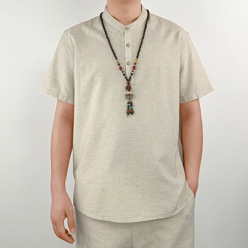 Buddha Stones Einfarbiges Herren Kurzarmhemd aus Leinen mit Knopfleiste - image 10