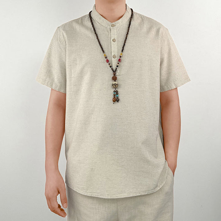 Buddha Stones Einfarbiges Herren Kurzarmhemd aus Leinen mit Knopfleiste - image 10