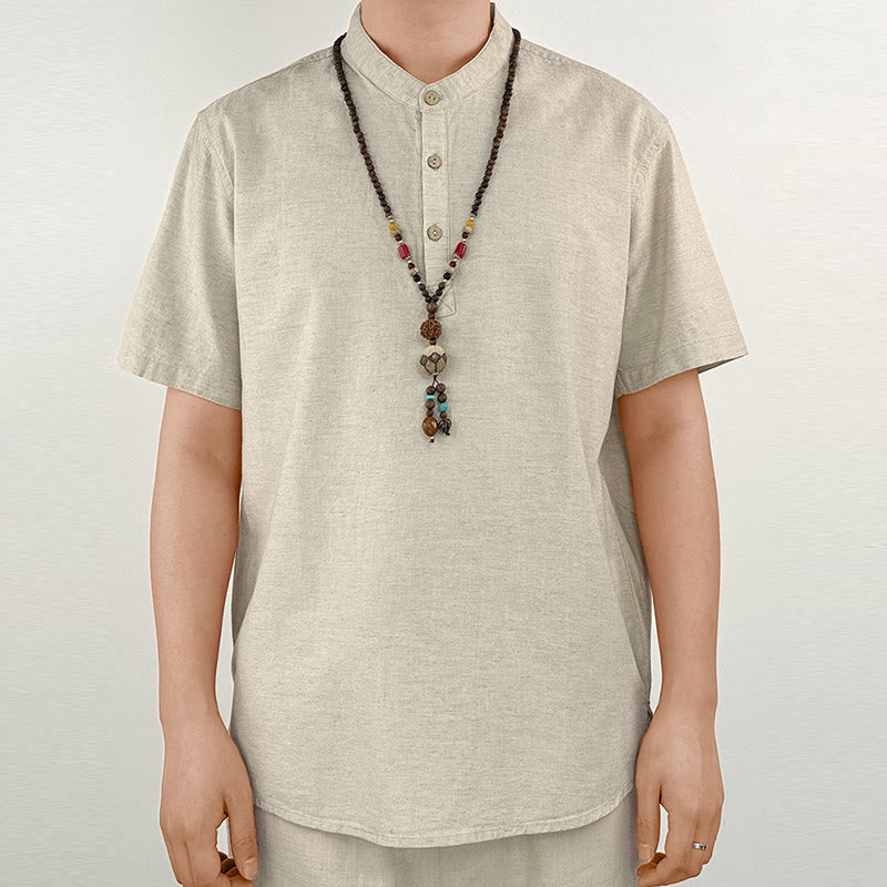 Buddha Stones Einfarbiges Herren Kurzarmhemd aus Leinen mit Knopfleiste - Leinen - US/ UK/AU44, EU54 (4XL) - image 8