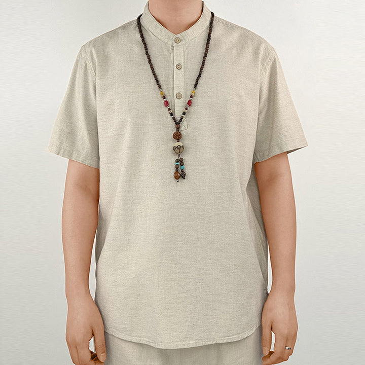 Buddha Stones Einfarbiges Herren Kurzarmhemd aus Leinen mit Knopfleiste - Leinen - US/ UK/AU44, EU54 (4XL) - image 8