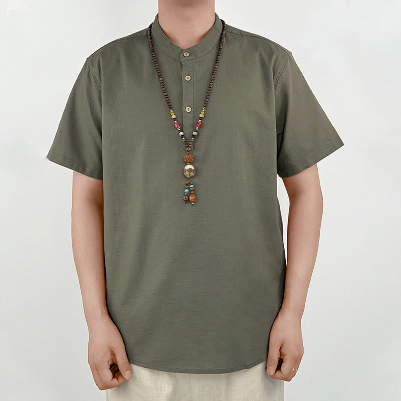 Buddha Stones Einfarbiges Herren Kurzarmhemd aus Leinen mit Knopfleiste - image 2
